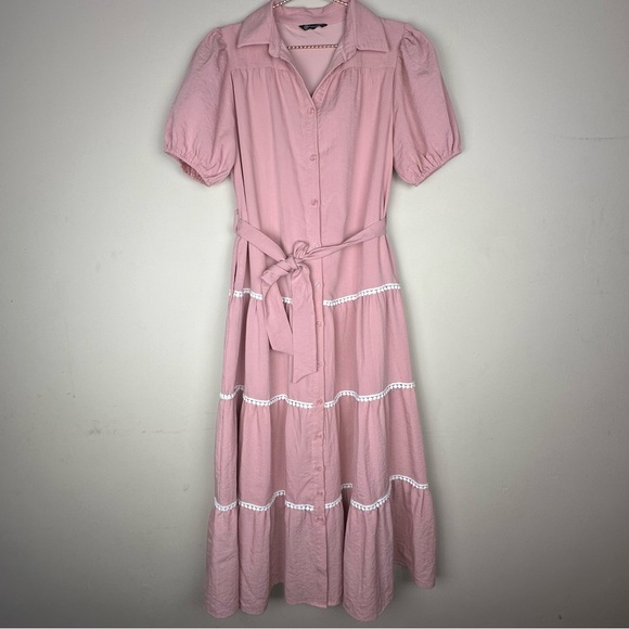 Pretty Garden Viscose Blend Button Down Shirt Dress Puffy Sleeve Tiered - Picture 3 of 9